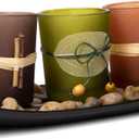 Dawhud Direct Decorative Votive Candle Holders, Vintage Decor Flameless Candlescape Set, 3 LED Tea Light Candles, Rocks and Tray - Fall Table Decor (Earth Tones)