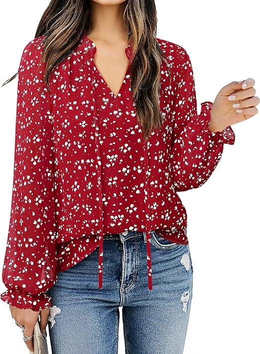 Gaharu Womens Business Casual Blouses Ruffle V Neck Work Dressy Shirts Long Sleeve Chifffon Tunic Tops Size S