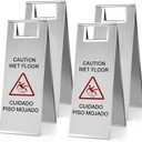 LEIFIDE 4 Pcs Stainless Steel Wet Floor Caution Sign Bulk 8.8 Pound Portable Foldable Handle Bilingual Safety Sign for Kitchen Restaurant Shop Commercial Use Avoid Fall and Slip Accident (Silver), 24 x 8.6 inches