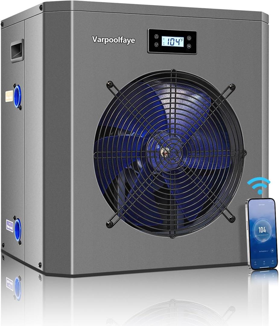 Varpoolfaye 16000 BTU Swimming Pool Heat Pump 5000 Gallon Electric Pool Heater for Above Ground Pool 5KW Heating or Cooling WiFi Control Timer Pool Heater 120V 60Hz