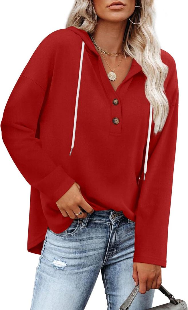 Hooded Sweatshirt for Women Christmas Sweaters for Women 2025 V Neck Long Sleeve Shirts Plus Size Casual Tops Plain, Red, 2XL