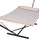 SUNCREAT Double Hammock with Stand Included, Outdoor Portable Hammock with Stand, Light Gray Stripes