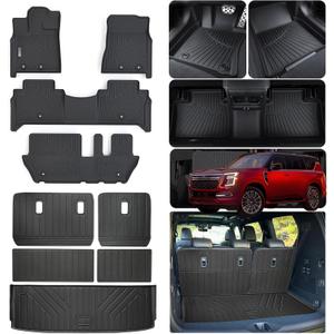 Floor Mats for 2025 Nissan Armada 8 Seats with Trunk mat TPE All Weather Protection 3 Rows Car Floor Liners & Cargo Liners with Velcro Backrest