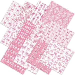 Whaline 12 Pcs Pink Bow Rose Cotton Fabric Bundles Chinoiserie Flower Bowknot Fat Quarters Pink White Sewing Fabrics for DIY Handmade Craft Decor, 18 x 22 in