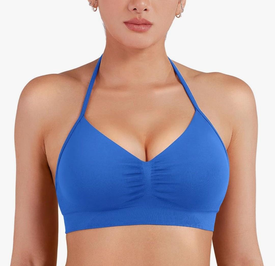 YEOREO SoftHue Women Halter Sports Bra Impact Longline Strappy Bra V Neck Padded Open Back Workout Gym Crop Top Size Large, Blue