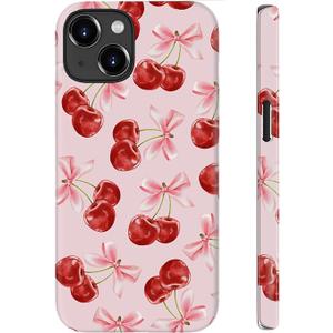 for iPhone 14 Case, Wireless Charging Compatible,Dual-Layer Protection with Cute Wildflower, Soft Silicone + Hard Shell, Chic Phone Cover for Women - Sweet Cherry Bows