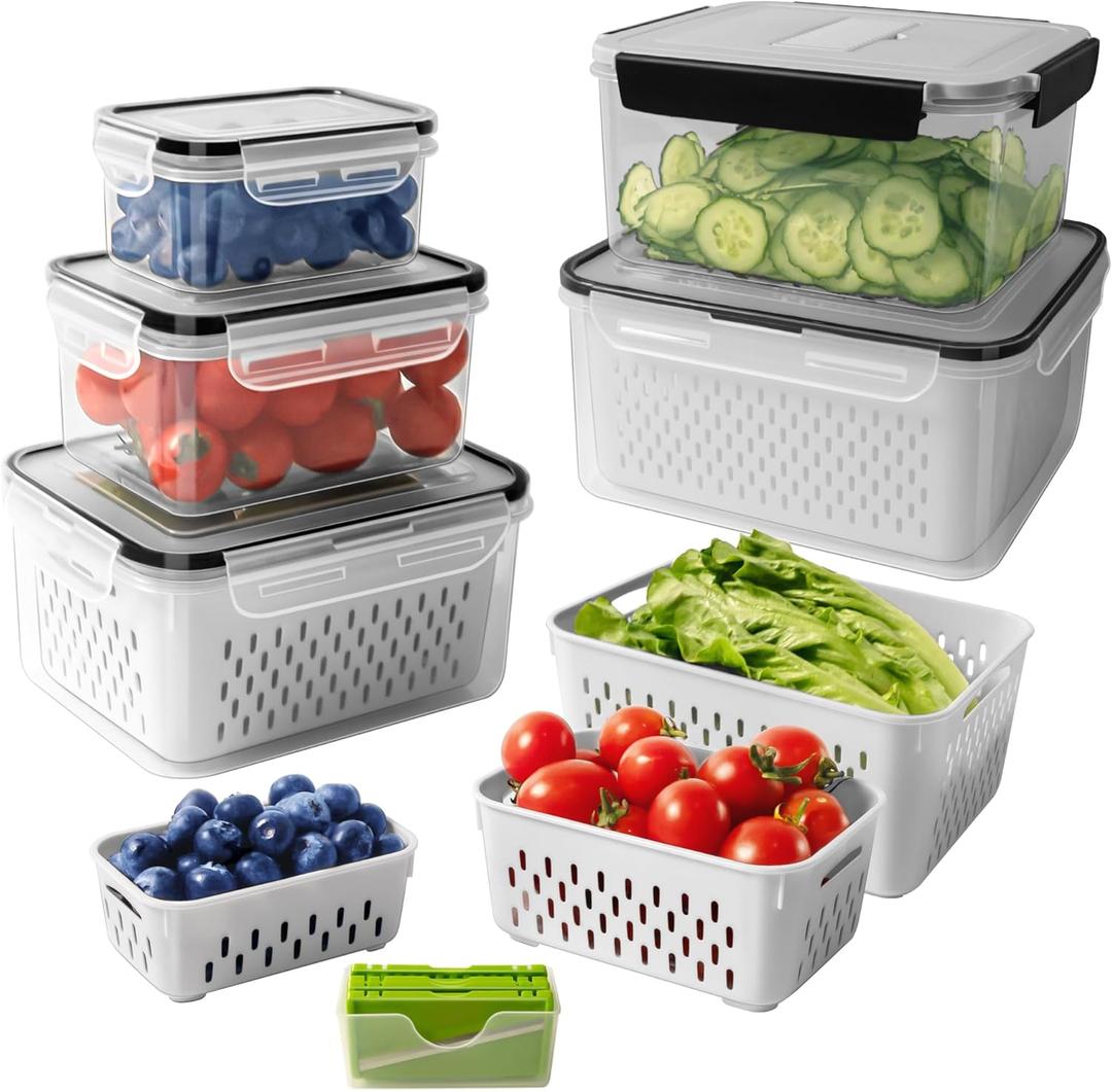 5 PCS Fruit storage Containers for Fridge with Removable Colander and Chopper Set, Leakproof Food Storage Containers with lids, Dishwasher & Microwave Safe Produce Containers to Keep Fruits Fresh