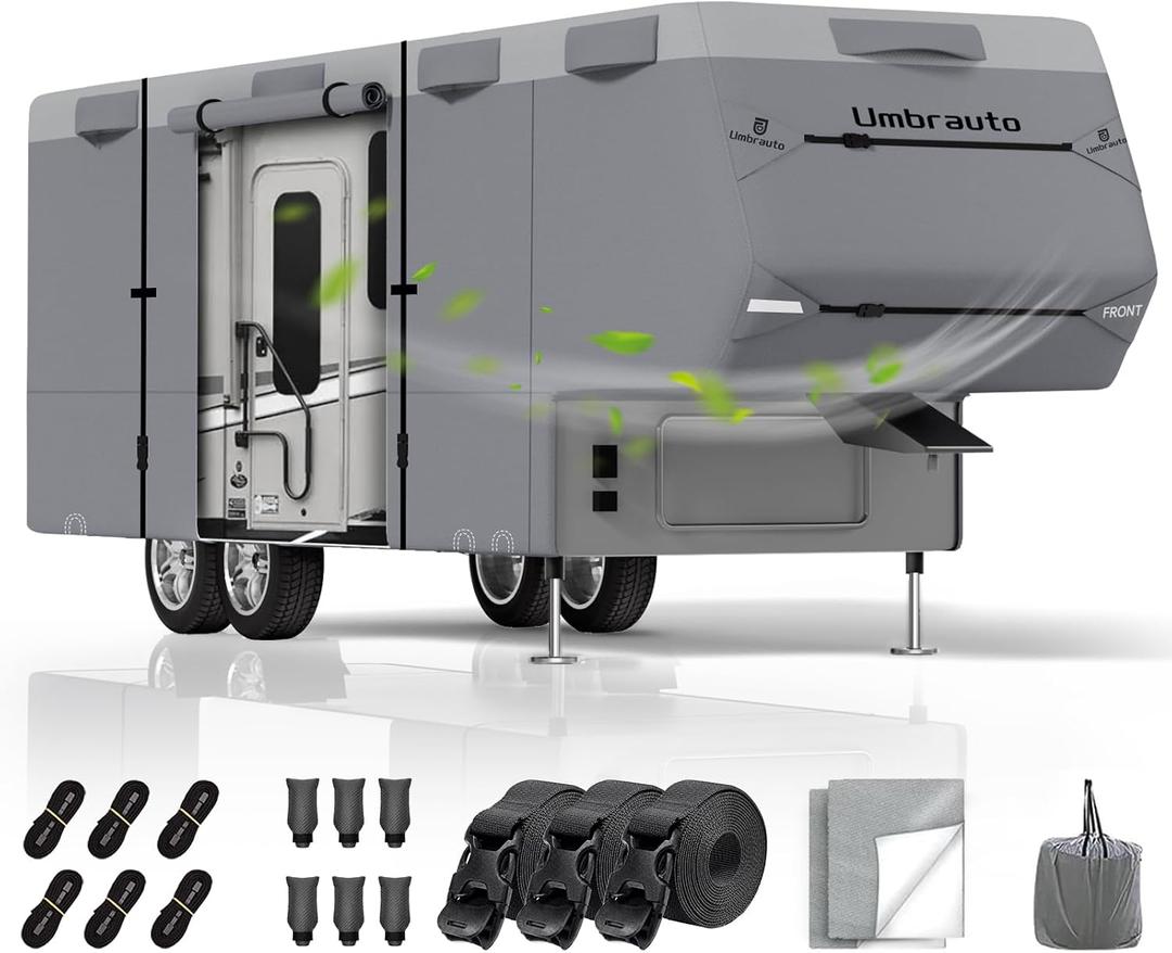 5th Wheel RV Cover Fits 37ft-40ft Motorhome, Upgraded 9 Layers Top Anti-UV Waterproof Breathable Camper Covers Travel Trailer Motorhome with Extra Windproof Straps