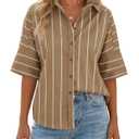Cicy Bell Women Striped Button Down Shirt Short Sleeve Collared Blouse Tops (Brown)