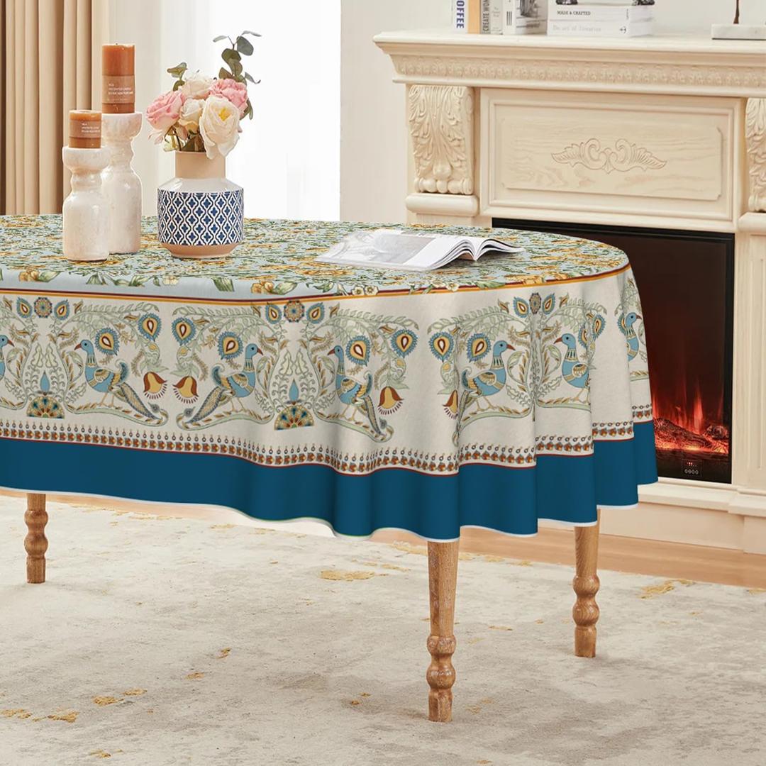 Horaldaily Floral Bordered French Tablecloth 6084 Inch Oval, Bird Floral Vintage Washable Seasonal Table Cover for Party Picnic Dinner Decor,  Green
