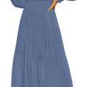 ZESICA Women's Casual Long Sleeve Crew Neck High Waist Smocked Flowy Tiered Midi Dress (Blue, M)