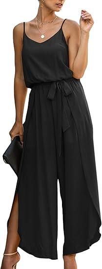 ECOWISH Womens Jumpsuit Spaghetti Strap Wide Leg Split Jumpsuits Long Overalls Summer Beach Loose Fit Rompers (Small, Black)