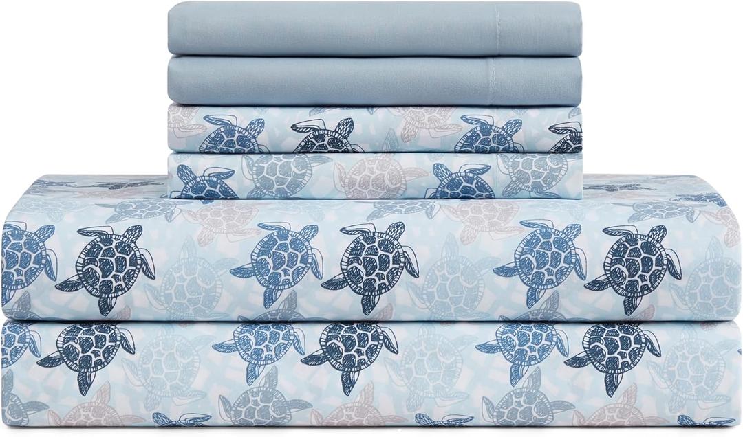 Caribbean Joe 6-Piece Sheet Set with Cooling Pillowcases, 12-inch Deep Pockets, Tropical Beach Coastal Design, Queen, Fanta Sea Blue