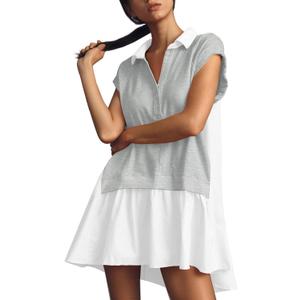 Fisoew Womens Summer Sweatshirt Dresses Short Sleeve V Neck Casual Oversized Patchwork Mini Dress (Medium, Grey)