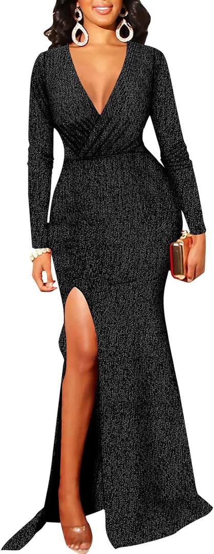 BestGirl Formal Long Sleeve Dress for Women Sequin Bodycon Ruched Sparkly Dresses (Small, 0i Black1)
