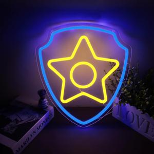 PAW Neon Dog Shield Neon Sign 13x14 Inch LED Light, Blue Frame with Yellow Star, Iconic Bedroom Decor, Gift for Children, USB Powered Wall Art for Bedroom, Playroom (Blue,XingXing Dunpai)