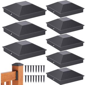 Goovilla 4x4 Post Caps Black(Actual 3.5" x 3.5"), 8 Pack Aluminum Metal Fence Post Caps with 16 Screws and Easy Installation, Waterproof Deck Post Caps with Fade-Resistant Coating, Protect Wood Post