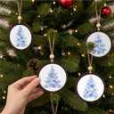 Chinoiserie Christmas Tree Floral Wooden Hanging Ornament, Blue and White Chinoiserie Floral Wooden Ornaments for Christmas Tree, Blue and White Xmas Grand Millenial Decoration, Set of 4