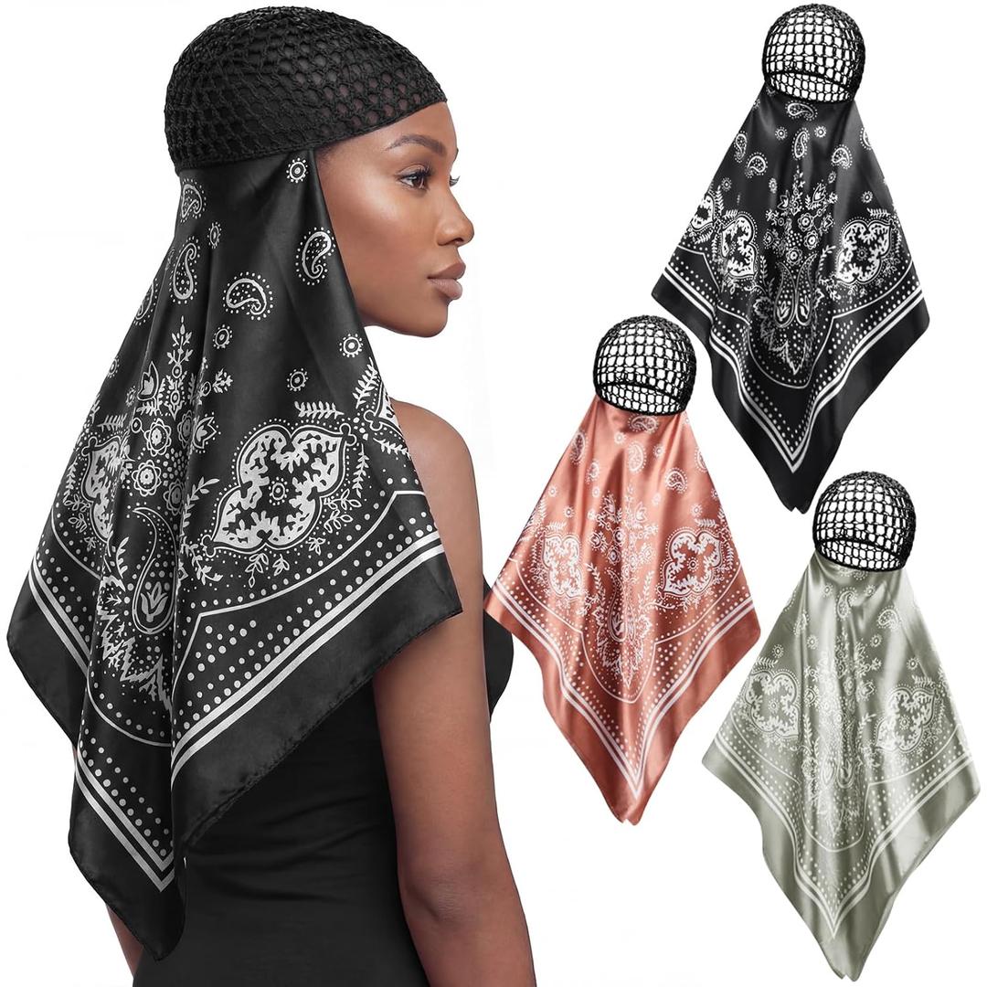 3 Pcs Wrap Hair Net with Scarf, Women Silk Press Head Wrap Netted Scarf 2 in 1 Easy-to-use for Silk Press & Nighttime Care, Styling, Sleep & Shower Cap(Retro Western,Orange Black Green)