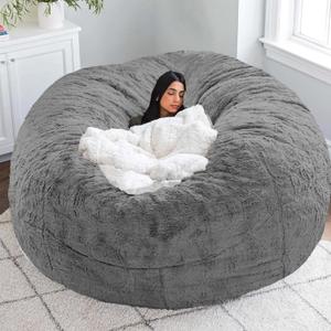 Bean Bag Chair for Adults Without Filler Fluffy Soft Cover for Lazy Sofa Chair Floor Sofa Comfy, Grey, 6FT