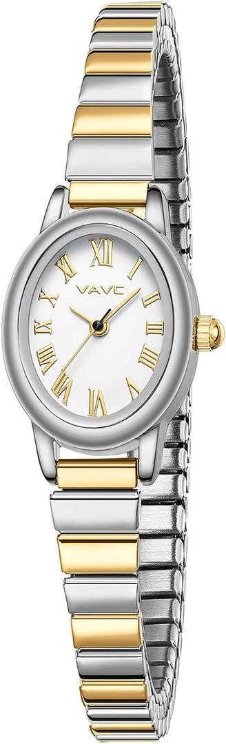 Small Gold Watches for Women,Analog Womens Watch with Stainless Steel Expansion Band,Oval Case Roman Dial,Water Resistant (5.91in-6.7in)