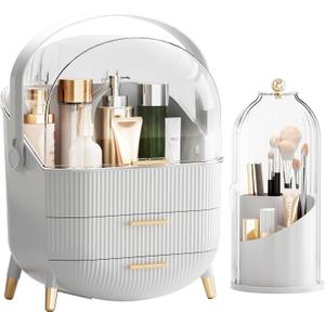 fanado Makeup Organizers Countertop, Makeup organization for Vanity, Cosmetic Storage with Lid and Drawers, Skincare Display Cases with for Desktop, Bathroom (White)