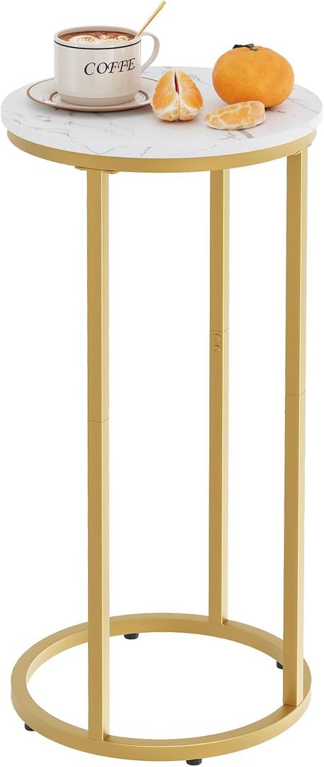 C Shaped end Table,Wood Round Side Table for Couch,Small Sofa Table with Metal Frame for Bedroom,Living Room,Bedside,Gold Color(11.81" D x 11.81" W x 23.62" H)