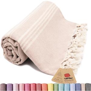 Bazaar Anatolia Turkish Beach Towel  100% Cotton, Quick Dry, Sand Free Towel for Bathroom, Travel, Camping  Oversized 71x39 Inches  Stripe Beige
