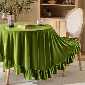 KKJIAF Olive Green Velvet Round Tablecloth 70 inch, Retro Farmhouse Ruffle Round Table Cloth Washable Table Cover for Wedding Buffet Parties Baby Shower Kitchen Decoration