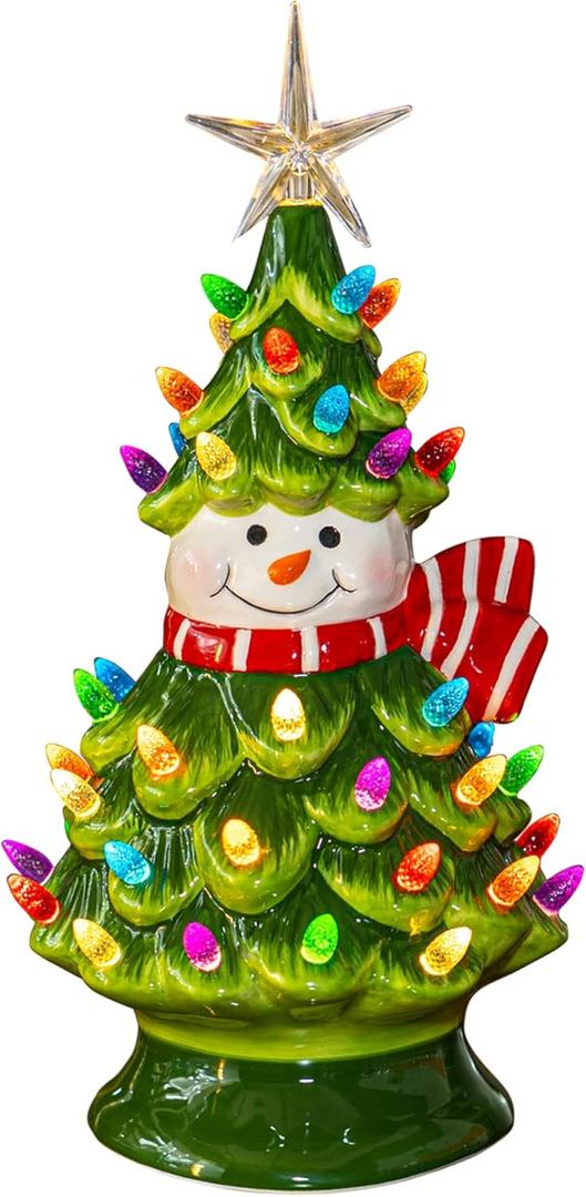 FUNPENY 11" Ceramic Christmas Tree, Pre-lit Battery Operated Vintage Tabletop Snowman Tree Ornaments with 50 Multicolored Lights, Christmas Table Decorations for Xmas Indoor Desk Centerpiece Decor