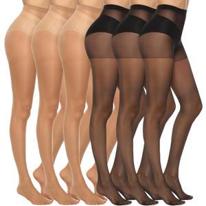 MANZI 6 Pairs Women's 20D Sheer Silky Pantyhose Run Resistant Nylon Tights High Waist Stockings with Control Top (Size X-Large, 3 Pairs Black + 3 Pairs Natural)