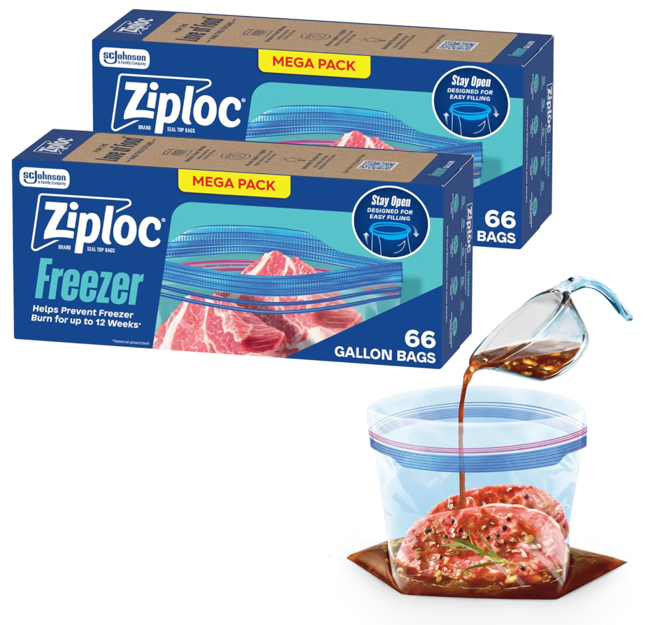 Ziploc Gallon Food Storage Freezer Bags, 132ct Total, Stay Open Design, Easy to Fill, 66 Count, 2 Pack, 132 Total