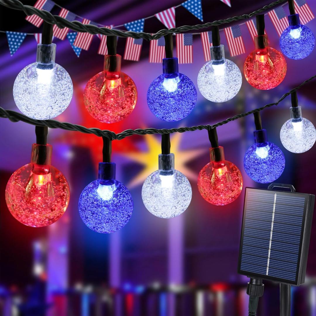 Joomer 4th of July Red White Blue Solar String Lights,39FT 60LED Waterproof with 8 Lighting Modes Patio Lights for Independence Day Garden Yard Gazebo Party Joomer 4th of July Red White Blue Solar String Lights,39FT 60LED Waterproof with 8 Lighting Modes Patio Lights for Independence Day Garden Yard Gazebo Party