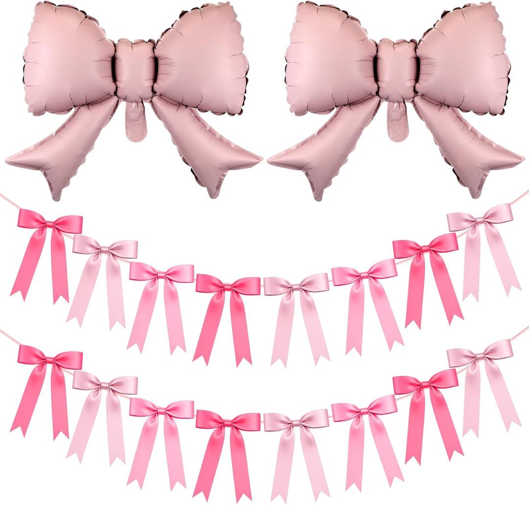 2 Set Pink Bow Balloons Garlands Banner Decoration 2 Strings of 16 Pcs Pre-strung Hanging Banners 2 Bow Balloon Pink Party Decorations for Birthday Wedding Bachelorette Party