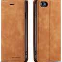 QLTYPRI Case for iPhone SE 2022 5G/SE 2020/8/7, Premium PU Leather Cover TPU Bumper with Card Holder Kickstand Magnetic Adsorption Flip Wallet Case - Brown