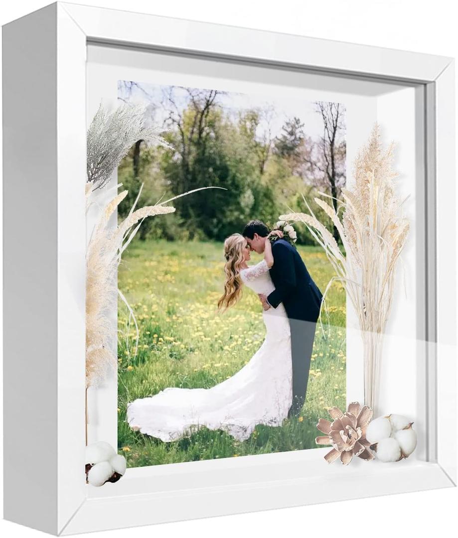 10x10 Shadow Box Frame Display Case with Letter Stickers, 3D Picture Frame, Display Case Box for Memorabilia, Baby Items, Wedding Memories, Crafts, Tickets and Photos (White, 10x10)