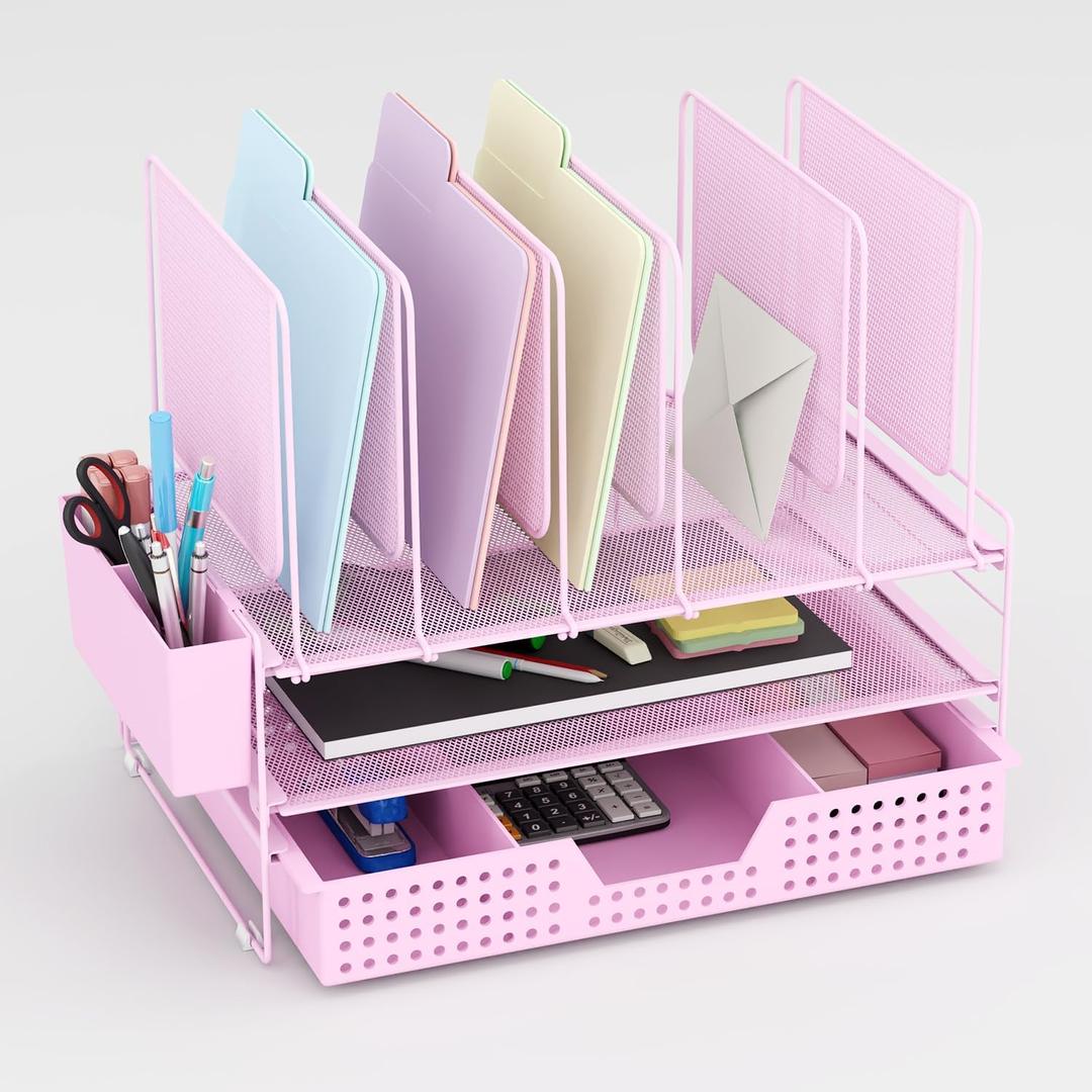 Pink Desk Organizer, Office Organization with Vertical File Holder, File Organizer with Drawer and Pen Holder, Desk Accessories and Workspace Organizers for Home Office (Pink) (2 Tier)