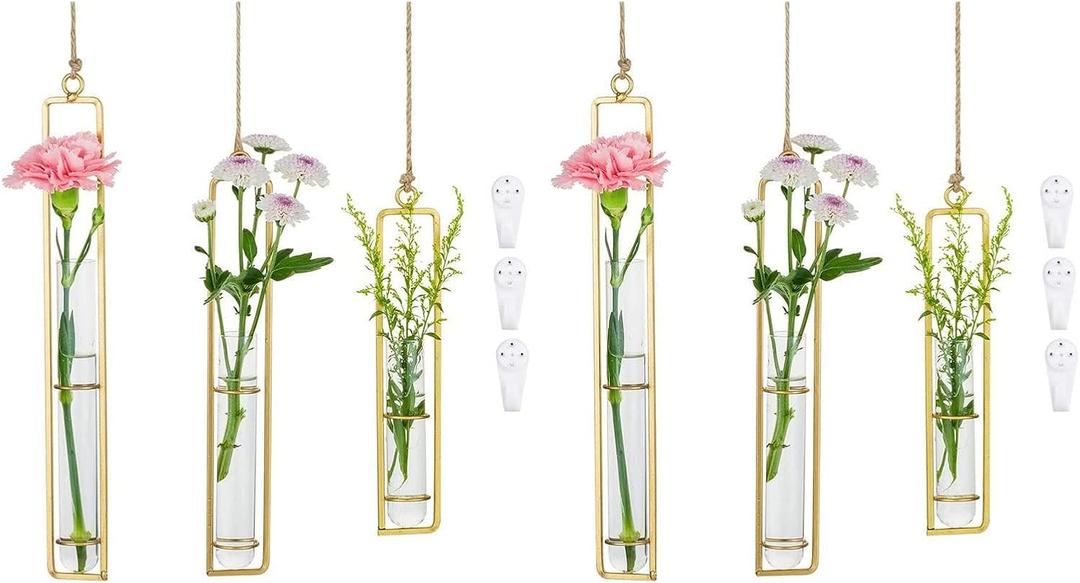 Glasseam Plant Propagation Wall Hanging Terrarium, Propagation Station Glass Planter Set of 6, Propogation Planters Test Tube Vase for Hydroponic Flower Bathroom Bedroom Decor Gift for Women,Gold (S+M+L-2 sets)