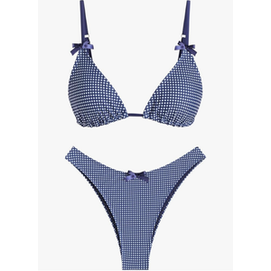 seamoly Women's Bikini Sets Tie Back Bowknot Two Piece Swimsuits Triangle Thong Bathing Suit Gingham Floral Cherry Printing Size XS