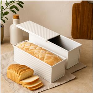 2-Pack Beige Pullman Loaf Pan with Lid, Long Nonstick Bread Pan for Toast & Sandwich Bread, Cream White Nonstick Loaf Pan, 3 Vented Holes & Ridged Design, Great for Baking Lovers and Home Use