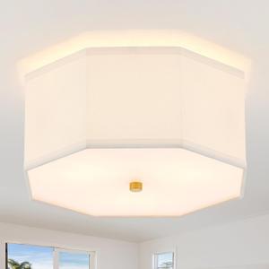 Modern Drum Semi Flush Mount Ceiling Light Fixture Modern 3-Lights Gold Drum Ceiling Lighting Vintage Linen Ceiling Lamp for Laundry Room, Kitchen, Basement, Dining Room, Bedroom