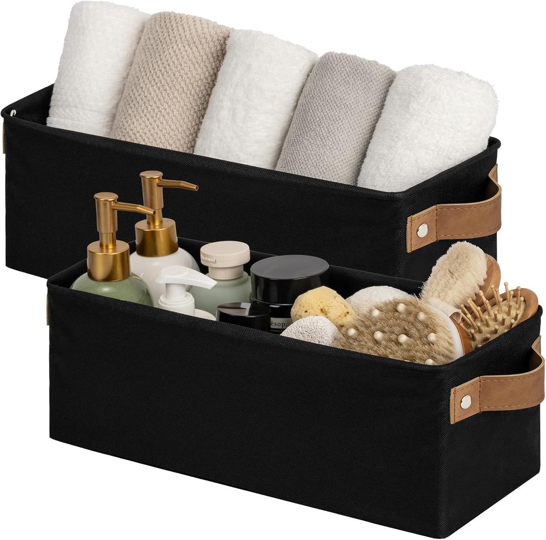 StorageWorks Narrow Storage Bins, Small Basket for Closet and Shelves, Fabric Organizer with Handles, Toilet Paper Storage, Black, 2-Pack (15"L x 6"W x 5"H)