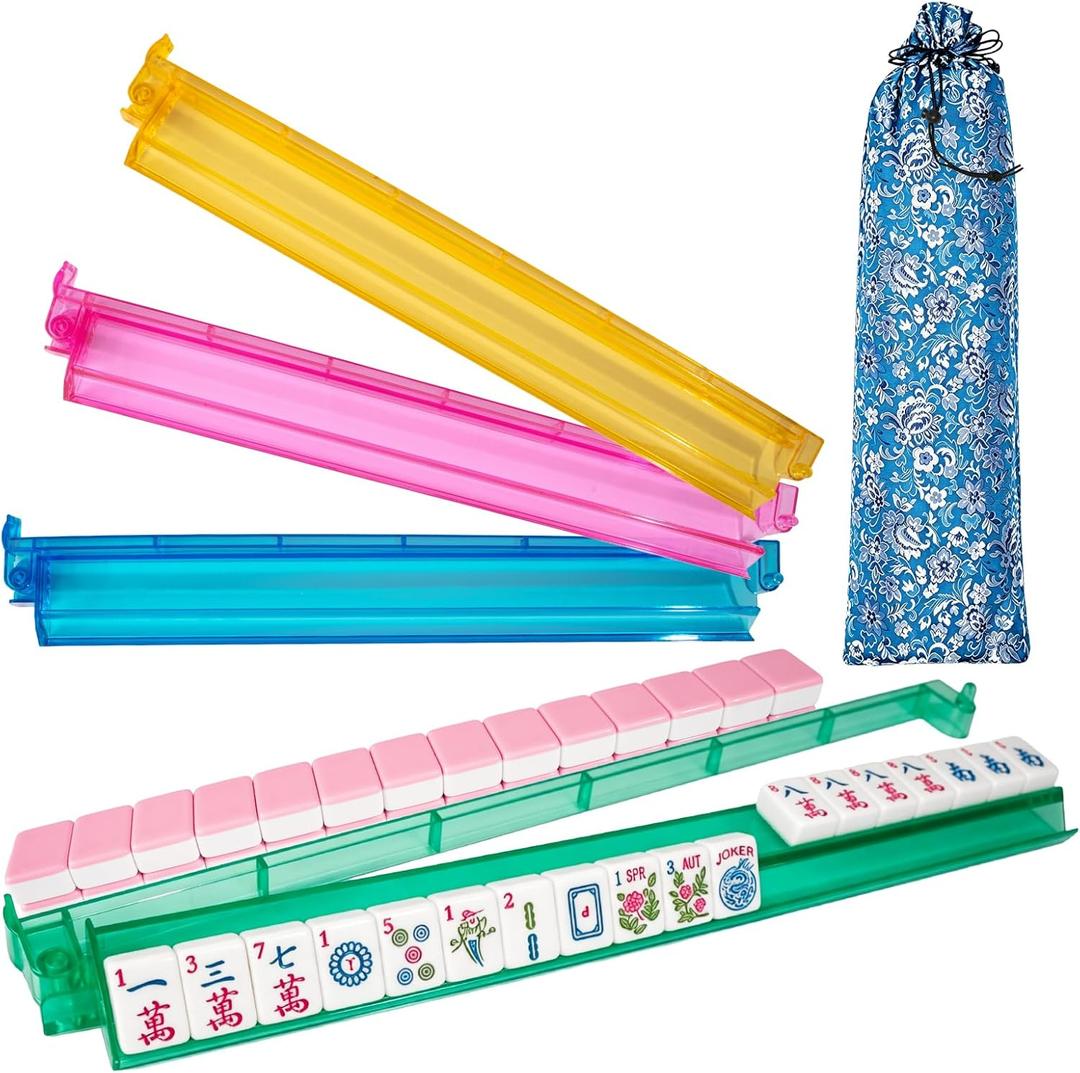 Non-Slip Mahjong Racks with Pushers, Set of 4 Clear Acrylic Tile Holders for American Mahjongg, Mahjong Accessories and Storage Bag, Transparent Mahjong Racks (Multicolored)