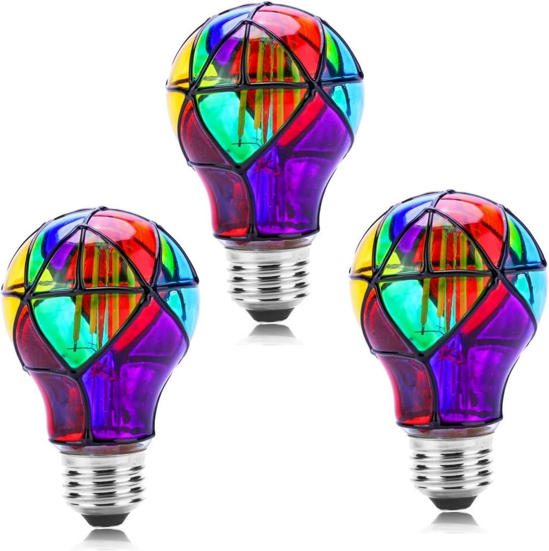 Lpraer 3 Pack Edison Stained Glass LED Light Bulb E26 Base A60 3.5W LED Colored Light Bulbs for Table Lamp, Chandelier, Floor Lamp, Wall Sconces