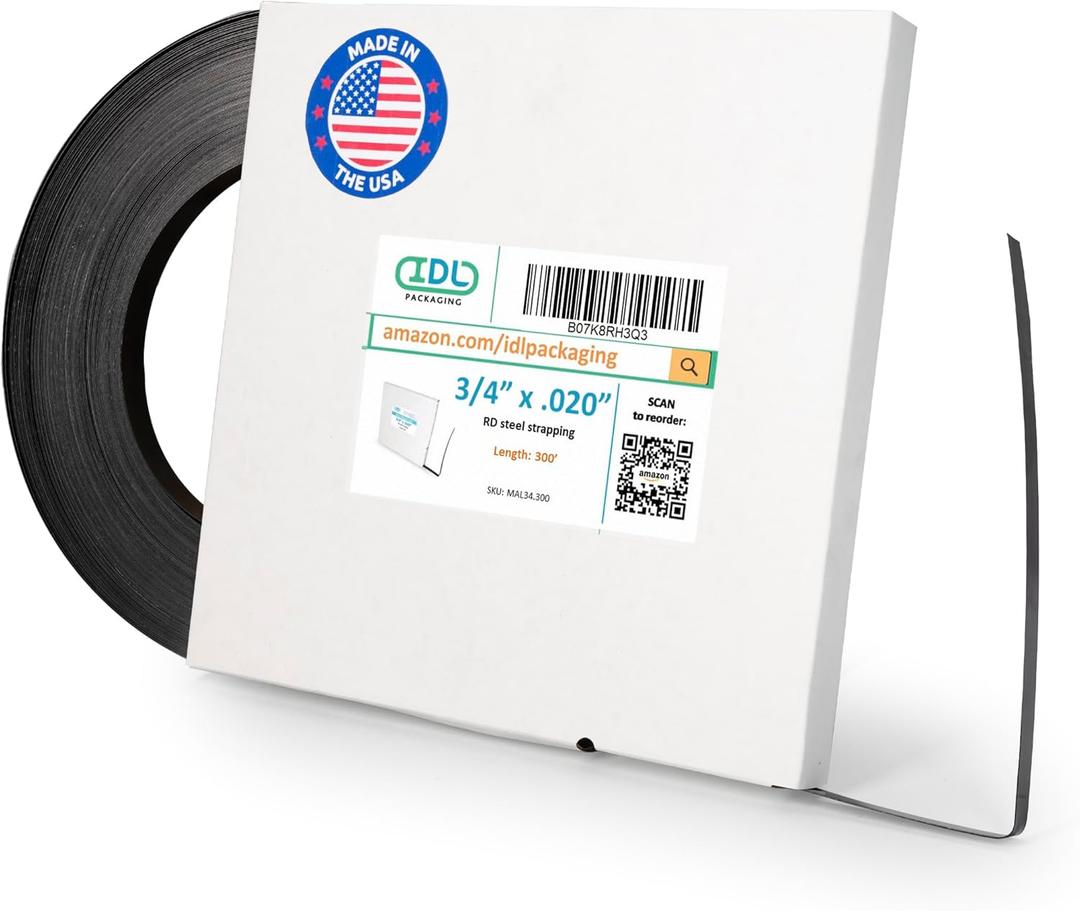 IDL Packaging 3/4" x .020" x 300' Steel Strapping Coil (1700 Lbs Break Strength) in Self-Dispensed ardboard Box - Portable Strong Banding with Superior Cut-Resistance - Heavy Pallet Strapping
