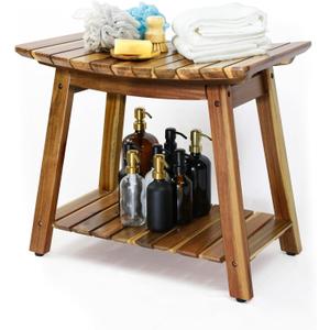 Acacia Shower Stool Bench for Inside Shower and Bath, 24-Inch Shaving Shelf, Waterproof Seat for Adults & Seniors