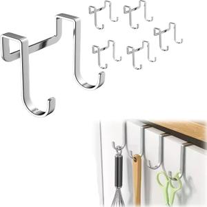 6 Pack - Over the Cabinet Door Hooks | Stainless Steel Cabinet Hooks for Hanging Mugs, Cups, Utensils | Cupboard Door Organizer & Under Sink Door Organizer Kitchen Storage Cabinet, Kitchen Accessories