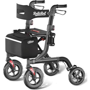 Walkers for Seniors with Seat, Foldable Rollator Walker, Reinforced Aluminum Frame, 10" Big Rubber Wheels for All Terrain, Built-in Cable, Lightweight Rolling Walker, Gray