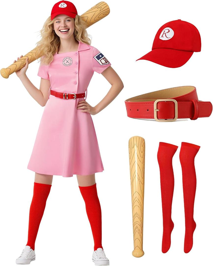 Women Baseball Dress League Costume with Cap Socks Belt Inflatable Baseball Bat Halloween Cosplay Uniform Set (Medium)