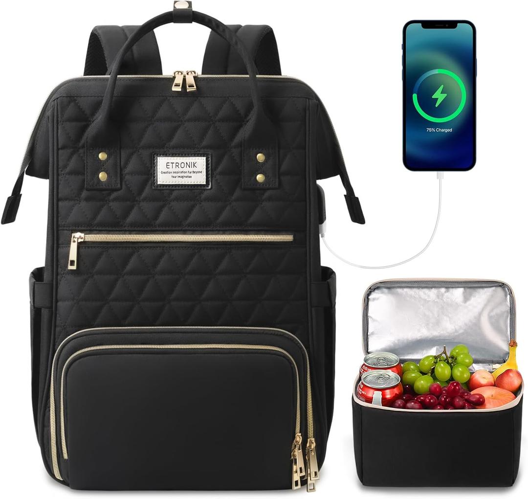 ETRONIK Lunch Backpack for Women, 15.6 inch Laptop Backpack with USB Port, Teacher Nurse Work Backpack with Cooler Bag Insulated Laptop bag Gifts for Women Men, Black